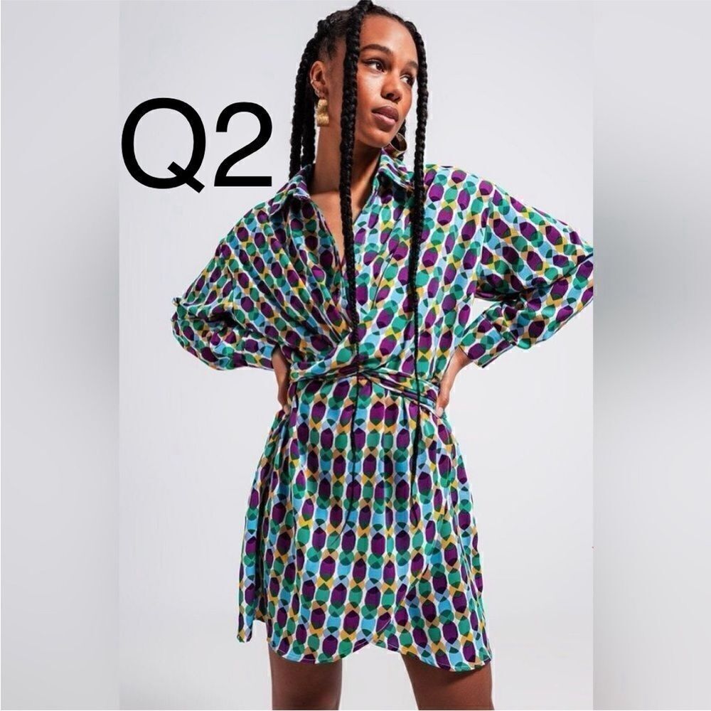 Q2 Geo Print Tie Waist Button Front Dress